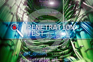 Penetration test. Cybersecurity and data protection. Hacker attack prevention. Futuristic Â server room on background